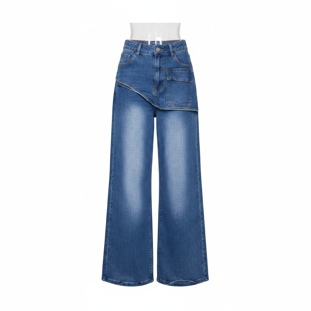 Women's blue wash wide leg denim jeans with skirt panel overlay ghost mannequin view on white background