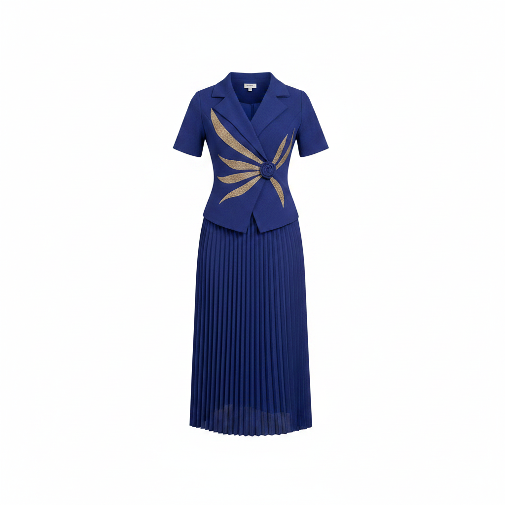 Girls' royal blue pleated midi dress with gold rosette ghost mannequin front view
