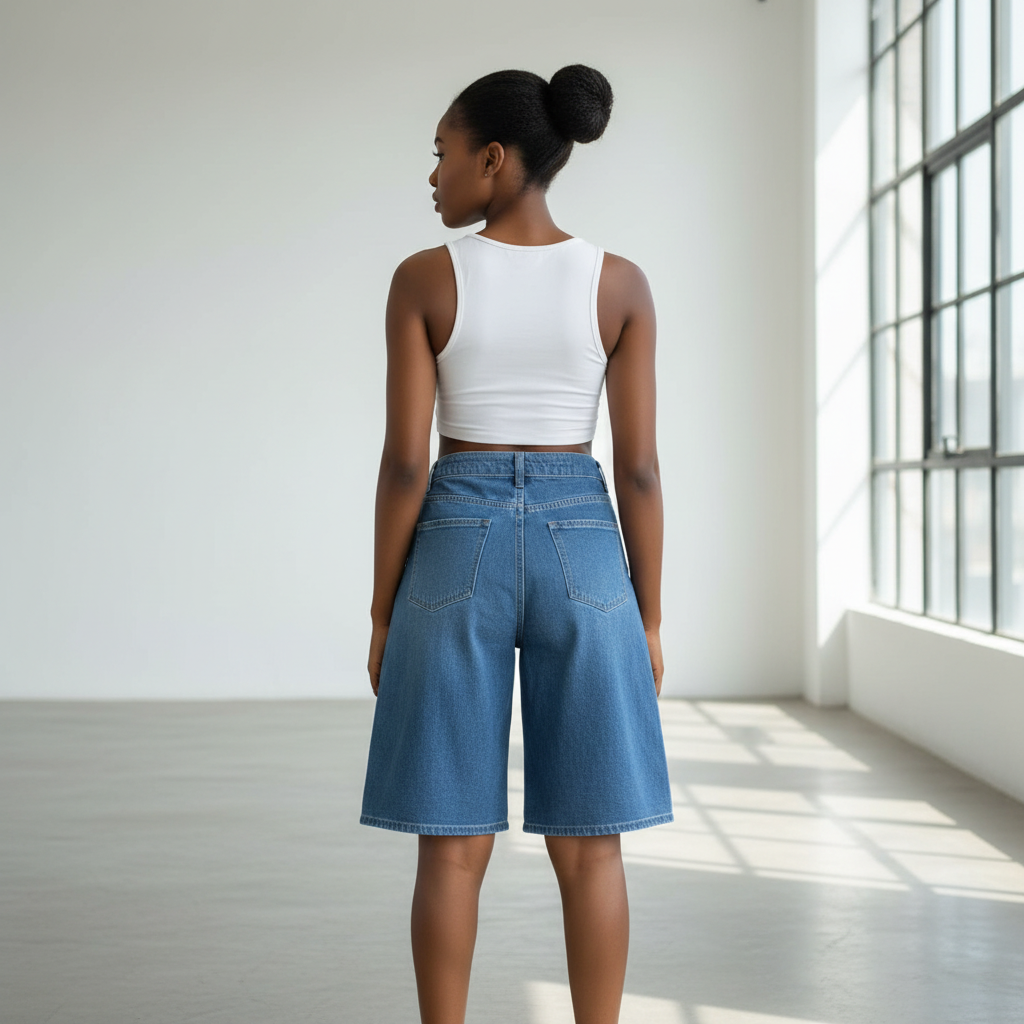Blue ripped wide-leg denim shorts back view on model