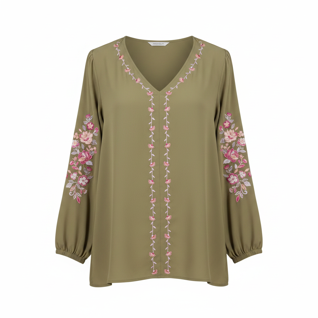 Women's olive green floral embroidered V-neck blouse - ghost mannequin front view