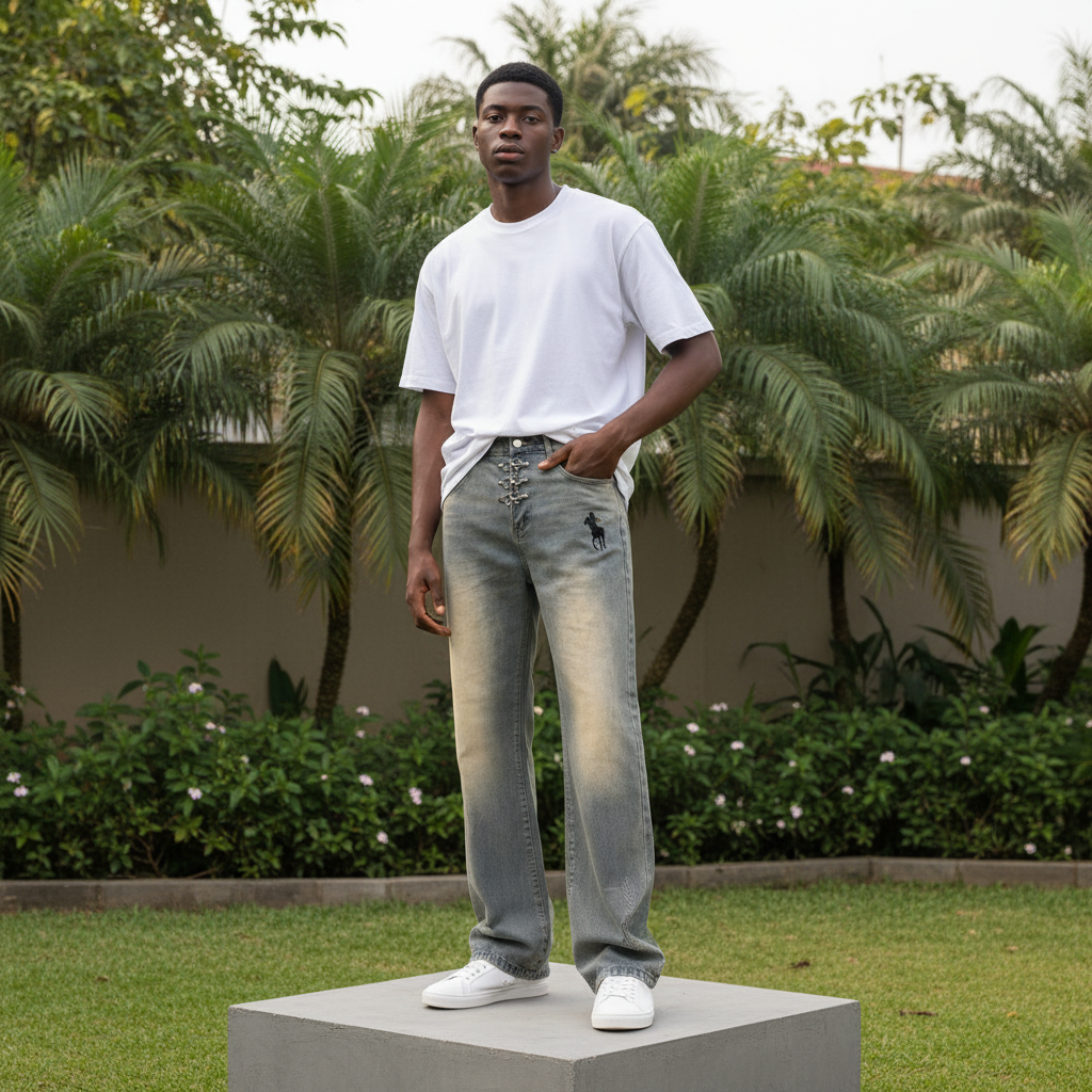 Nigerian male model full body wearing men's vintage washed embroidered wide-leg flared jeans