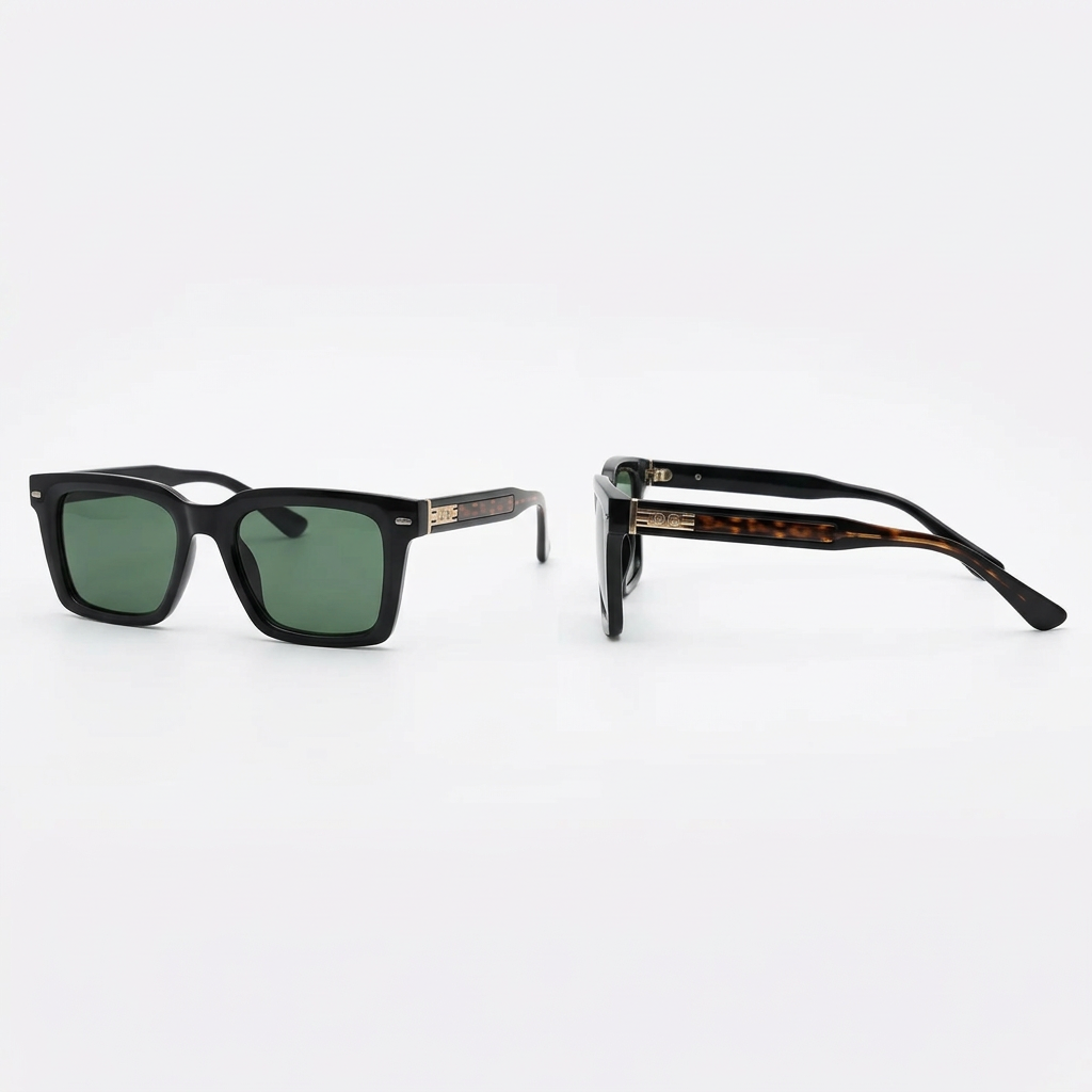 Black square sunglasses with green lenses and gold-tone temple accents, front and side views