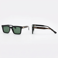 Black square sunglasses with green lenses and gold-tone temple accents, front and side views