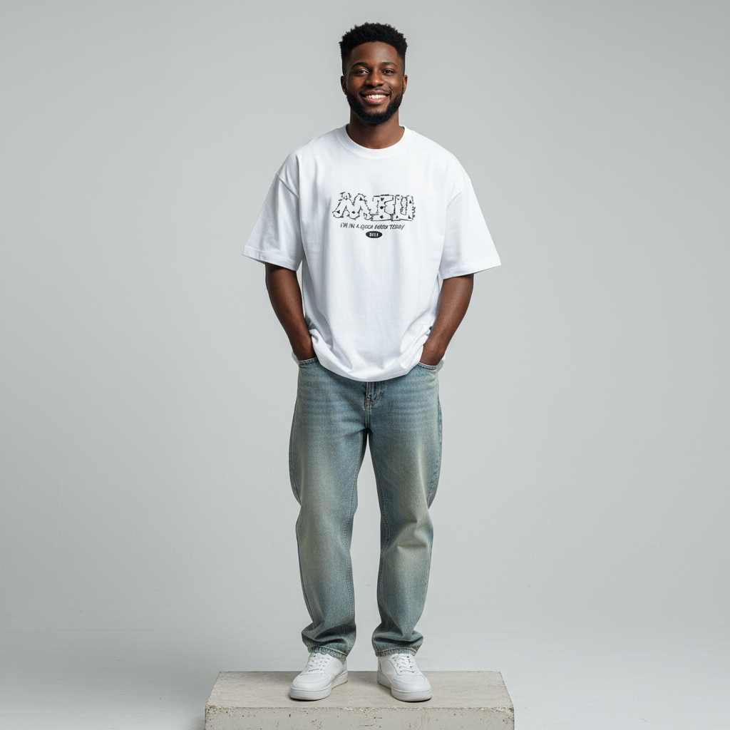 White NAFU Graphic Oversized Tee - Male Model Front