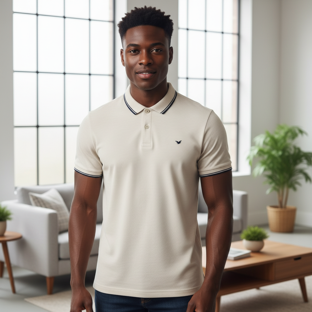 Young Nigerian male model wearing cream tipped polo shirt, front view