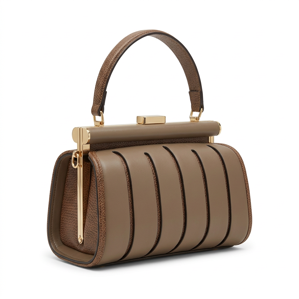 Taupe panelled frame top-handle handbag with gold-tone hardware on white