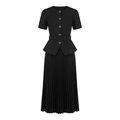 Black belted peplum top and pleated skirt set, product view
