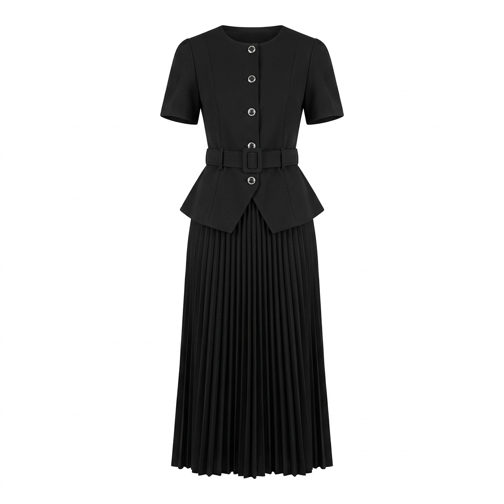 Black belted peplum top and pleated skirt set, product view