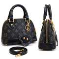 AI-generated front and side catalog views of a black patterned dome handbag with flower-shaped pouch