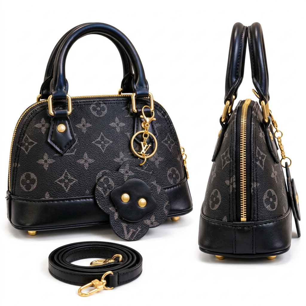 AI-generated front and side catalog views of a black patterned dome handbag with flower-shaped pouch