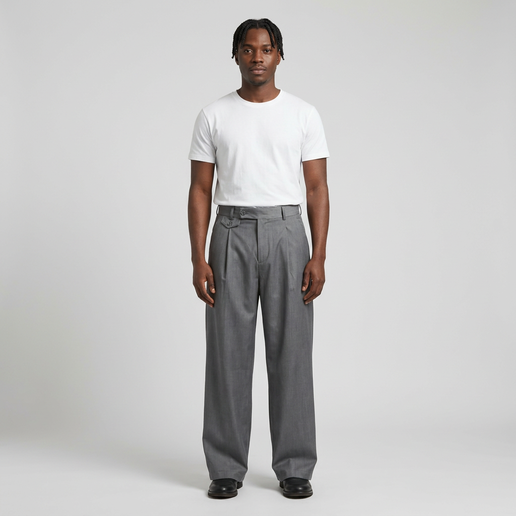 Full-body male model wearing grey pleated wide-leg trousers