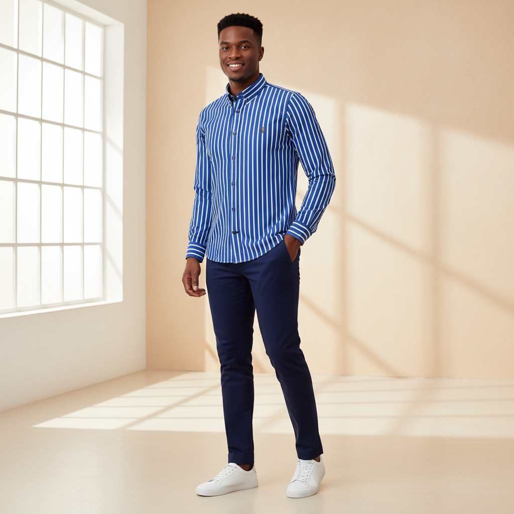 Nigerian model wearing Ralph Polo Royal Blue White Bold Stripe Shirt