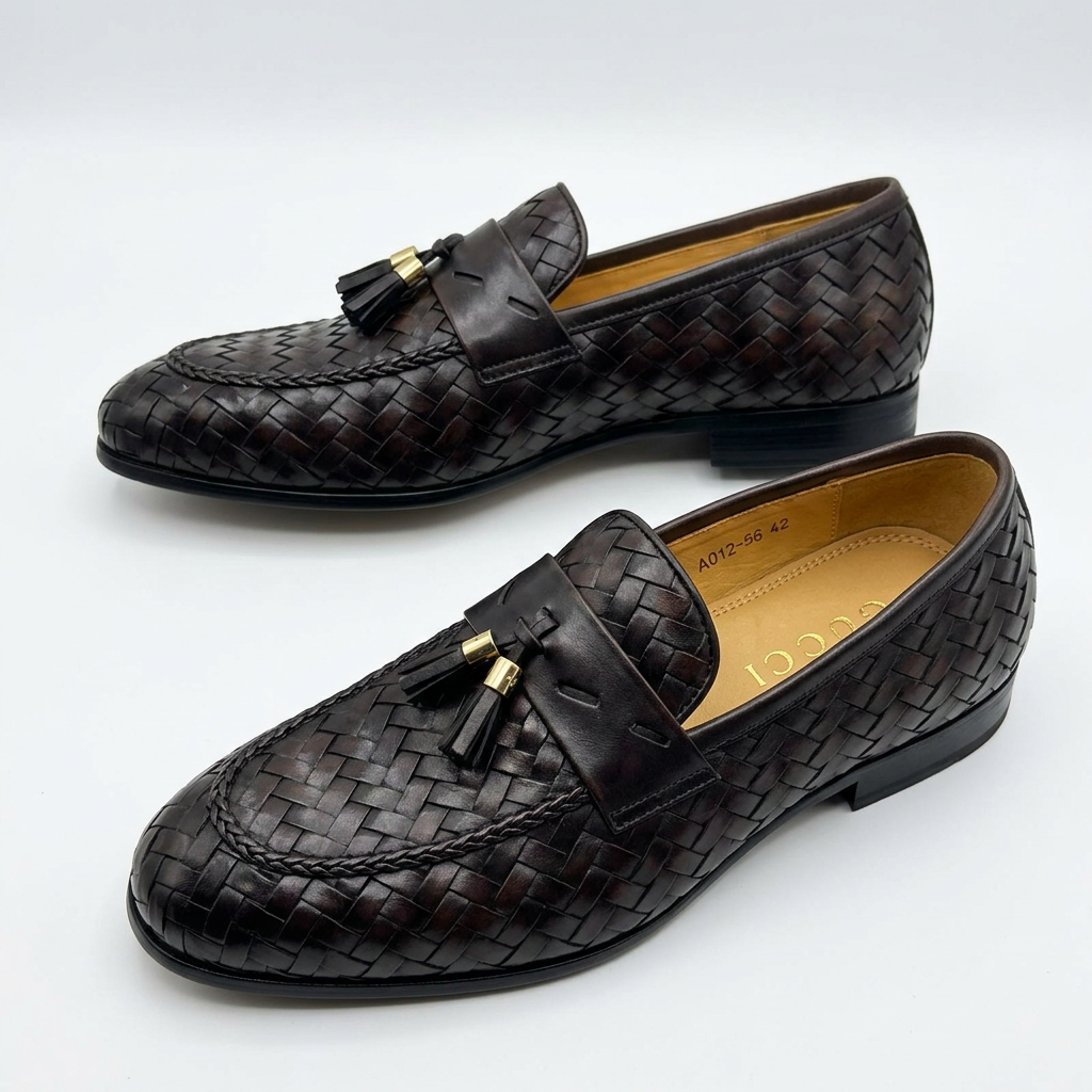 Pair of dark brown basket-weave tassel loafers on a white background