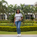 Women's light grey plain round neck tee - female model shot