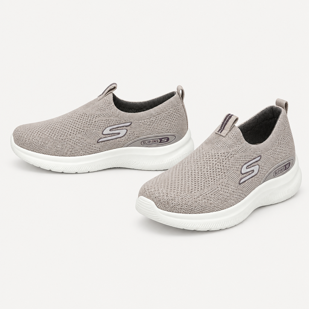 Taupe knit slip-on sneakers, pair views