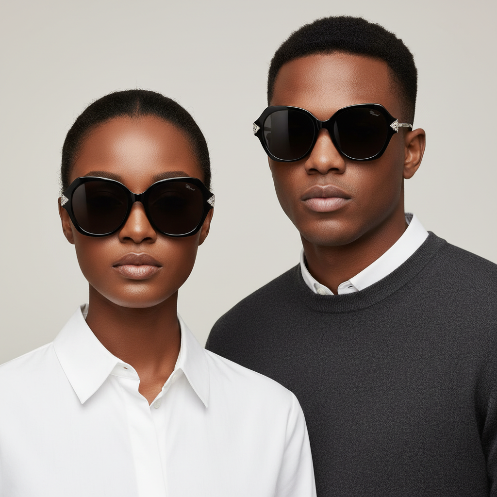 Nigerian female and male models wearing oversized round black sunglasses with silver detail