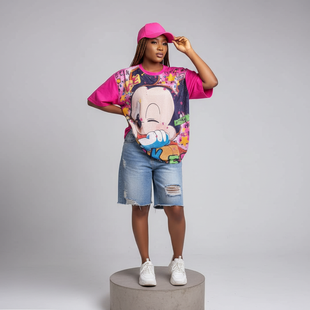 Hot Pink Rhinestone Cartoon Graphic Oversized Top - Model Front View
