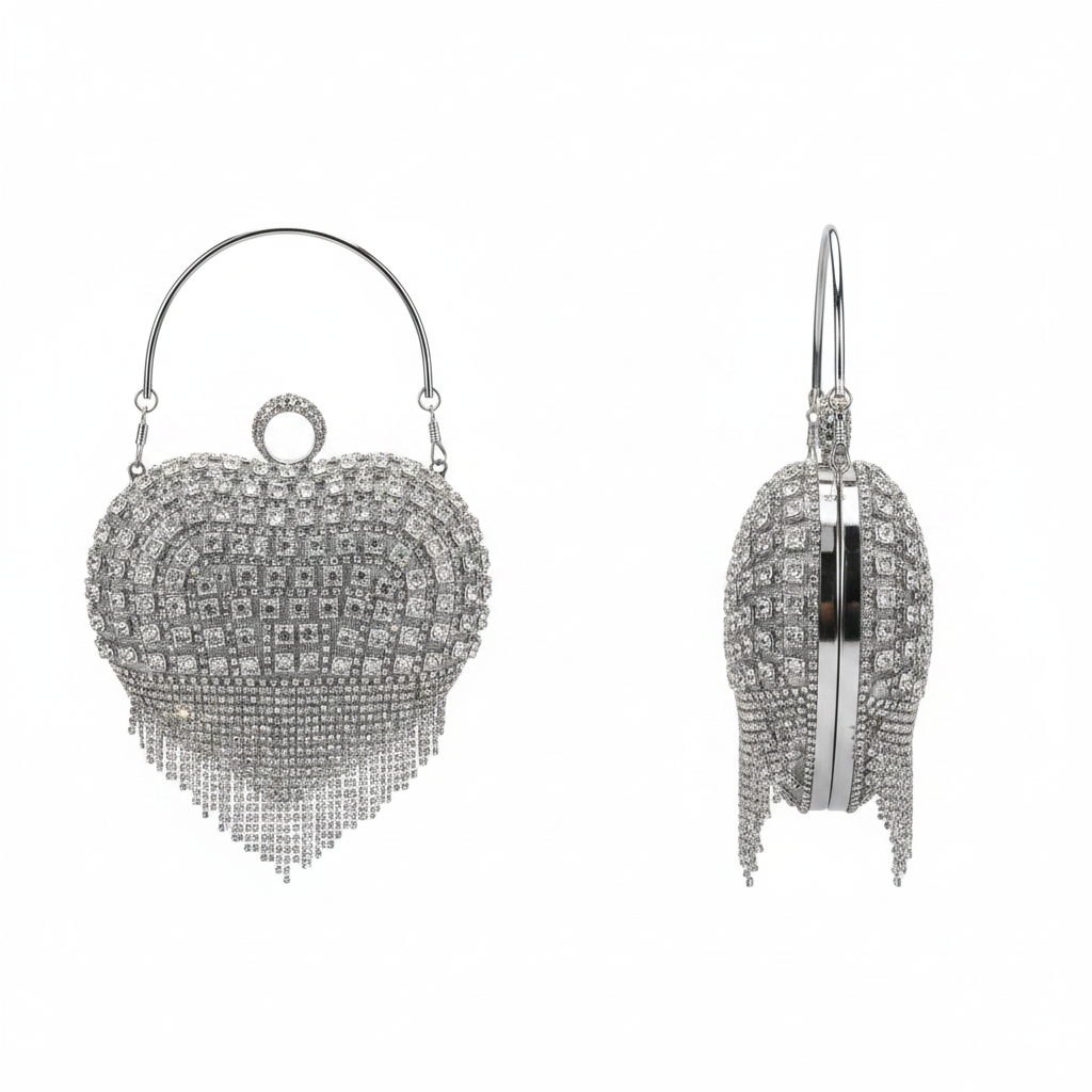 Crystal Heart Rhinestone Evening Clutch – Silver Ghost Mannequin Front and Side View