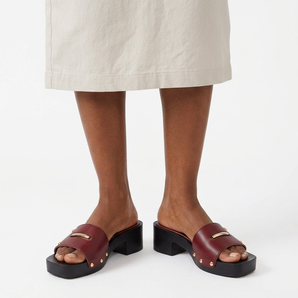 Model wearing wine stud-detail platform heeled slides