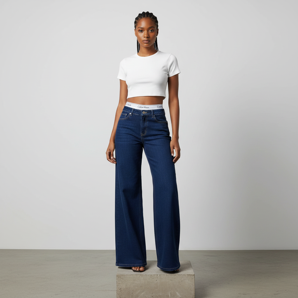 Nigerian female model wearing navy wide-leg high-rise jeans