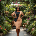 Nigerian female model wearing camel and black asymmetric panel bodycon midi dress