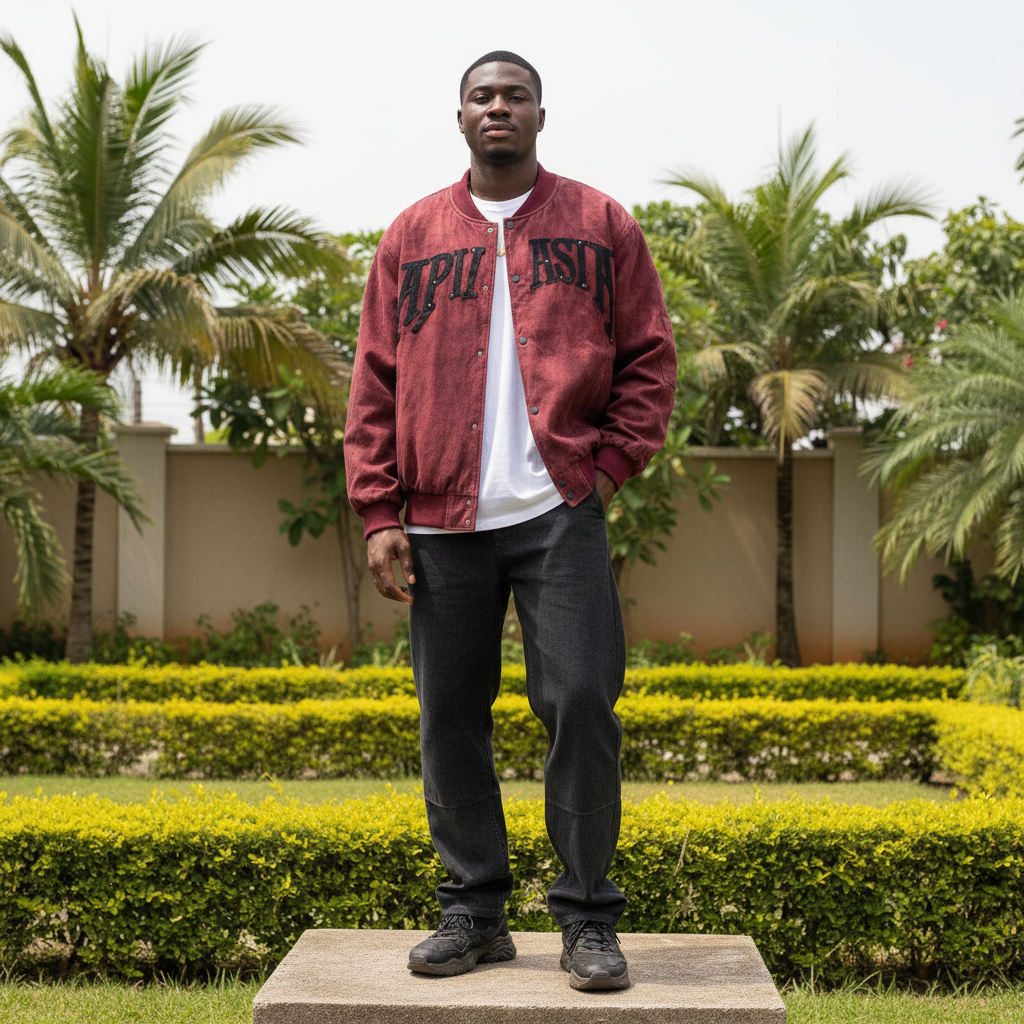 Men's Washed Burgundy Varsity Bomber Jacket – Nigerian Male Model