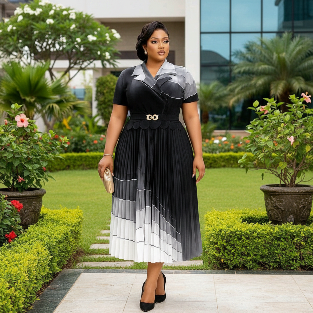 Nigerian female model wearing black pleated midi occasion dress
