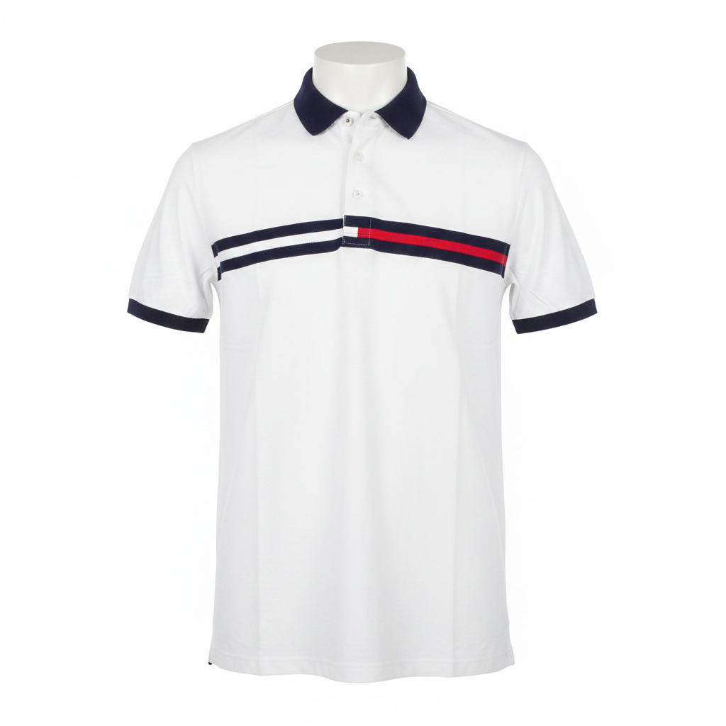Ghost mannequin front view of white navy-trim chest stripe polo shirt