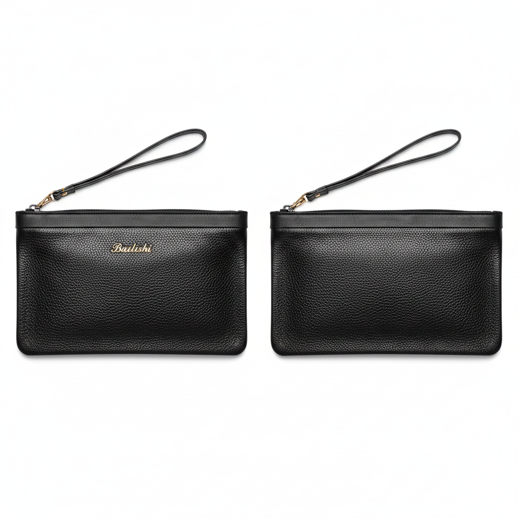 Bailishi black pebbled leather men's clutch ghost mannequin front and back view