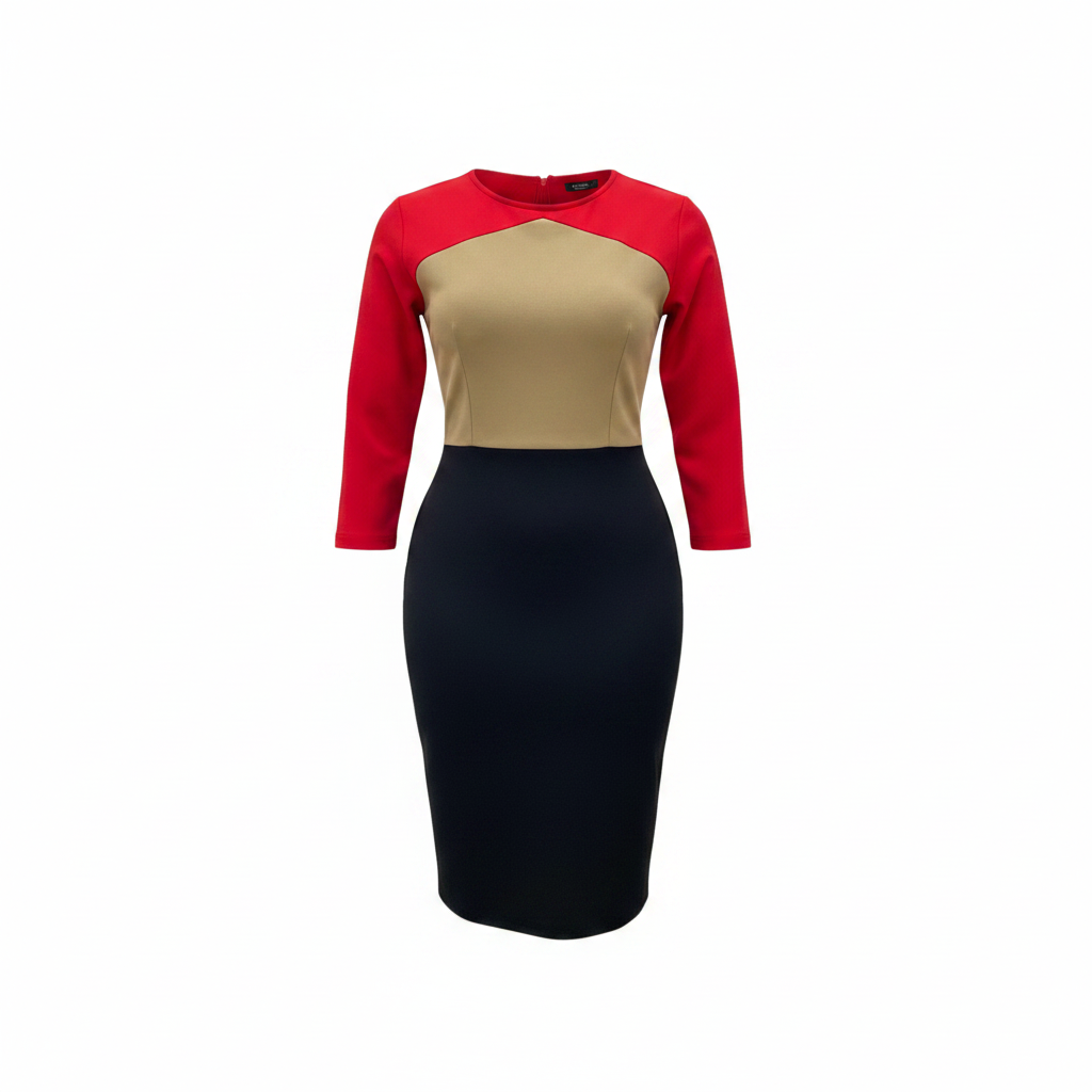 Women's red camel and black three-tone colorblock bodycon midi dress - ghost mannequin view