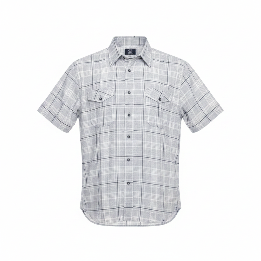 Ghost mannequin of grey and white plaid short-sleeved shirt