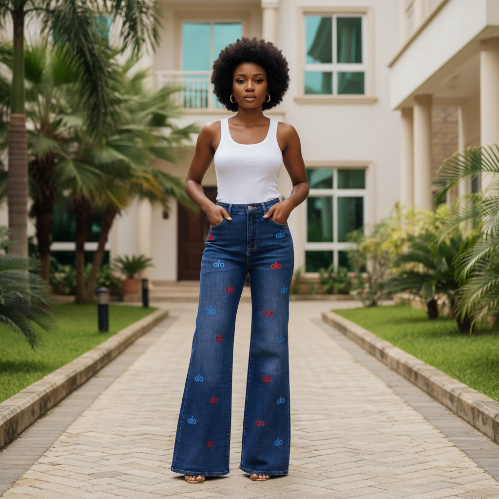 Front view - Blue Printed Wide-Leg Flare Jeans