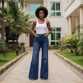 Front view - Blue Printed Wide-Leg Flare Jeans