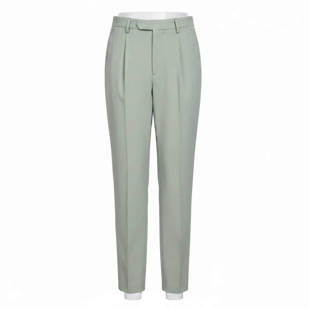 Sage Green Pleated Tapered Trousers - Ghost Mannequin Front