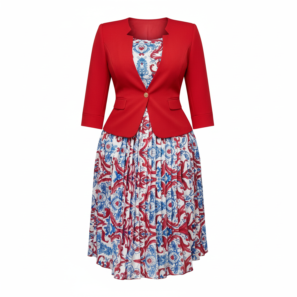 Red Blazer & Baroque Print Pleated Midi Dress Set – Ghost Mannequin