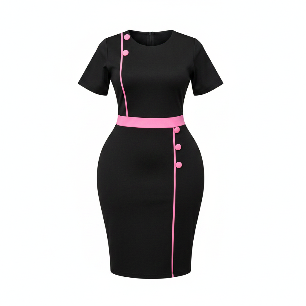 Ghost mannequin view of women's black and pink piping trim bodycon midi dress
