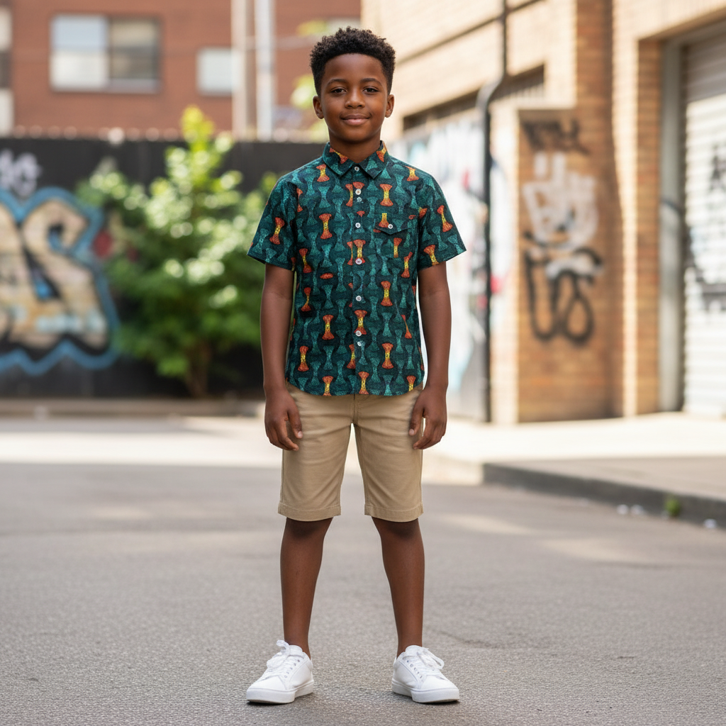 Young Nigerian boy wearing dark green geometric print shirt