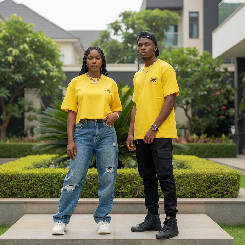 Nigerian female and male models wearing yellow bucket hat graphic boxy crop t-shirt – full body lifestyle shot