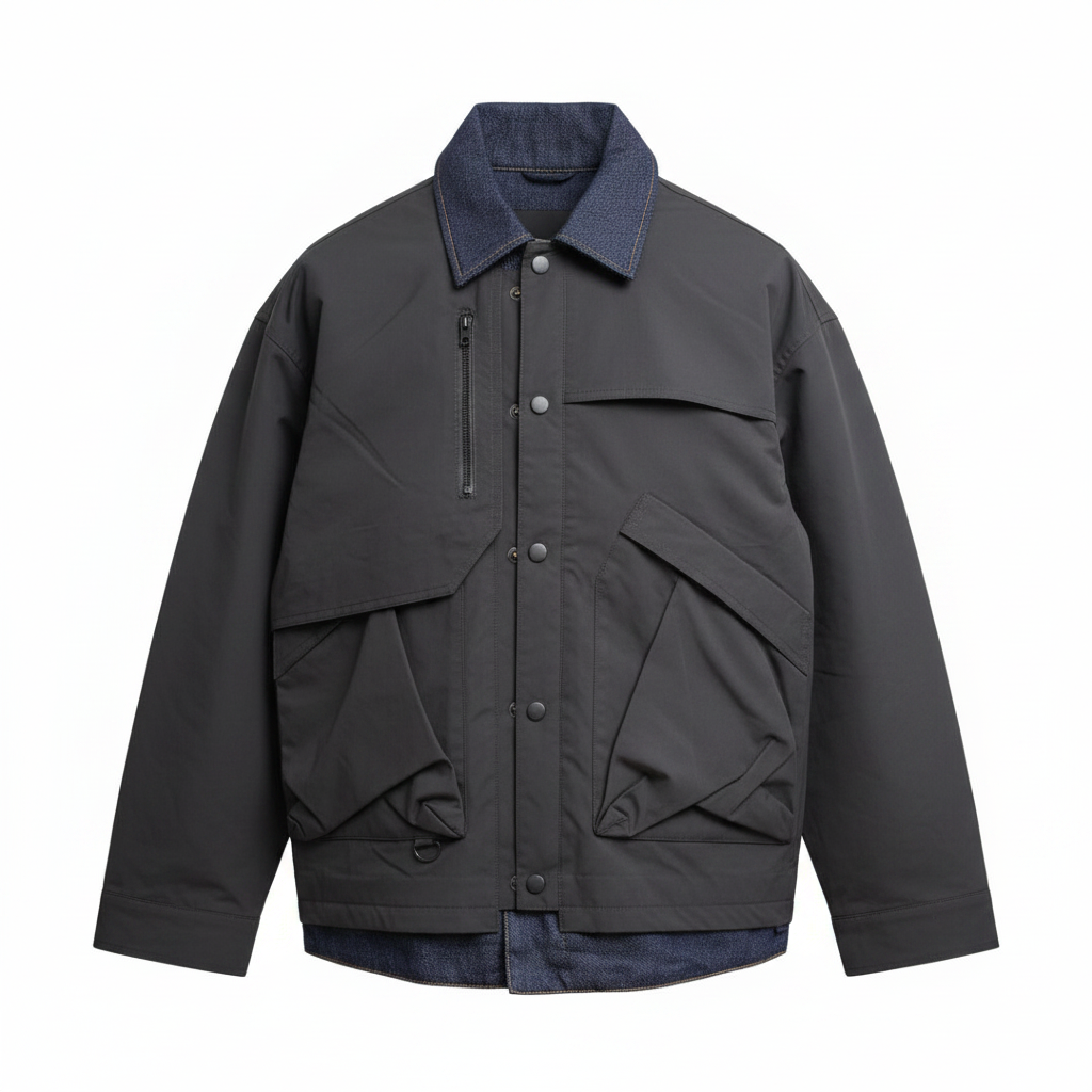 Charcoal black tactical utility hybrid jacket ghost mannequin — dark indigo denim collar and hem, cargo pockets with D-ring hardware