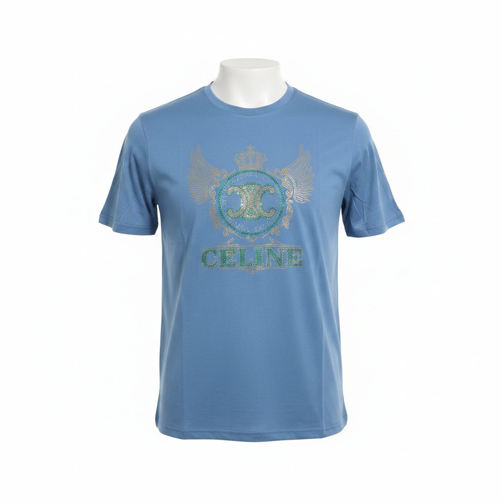 Ghost mannequin front view of sky blue rhinestone ornate emblem T-shirt