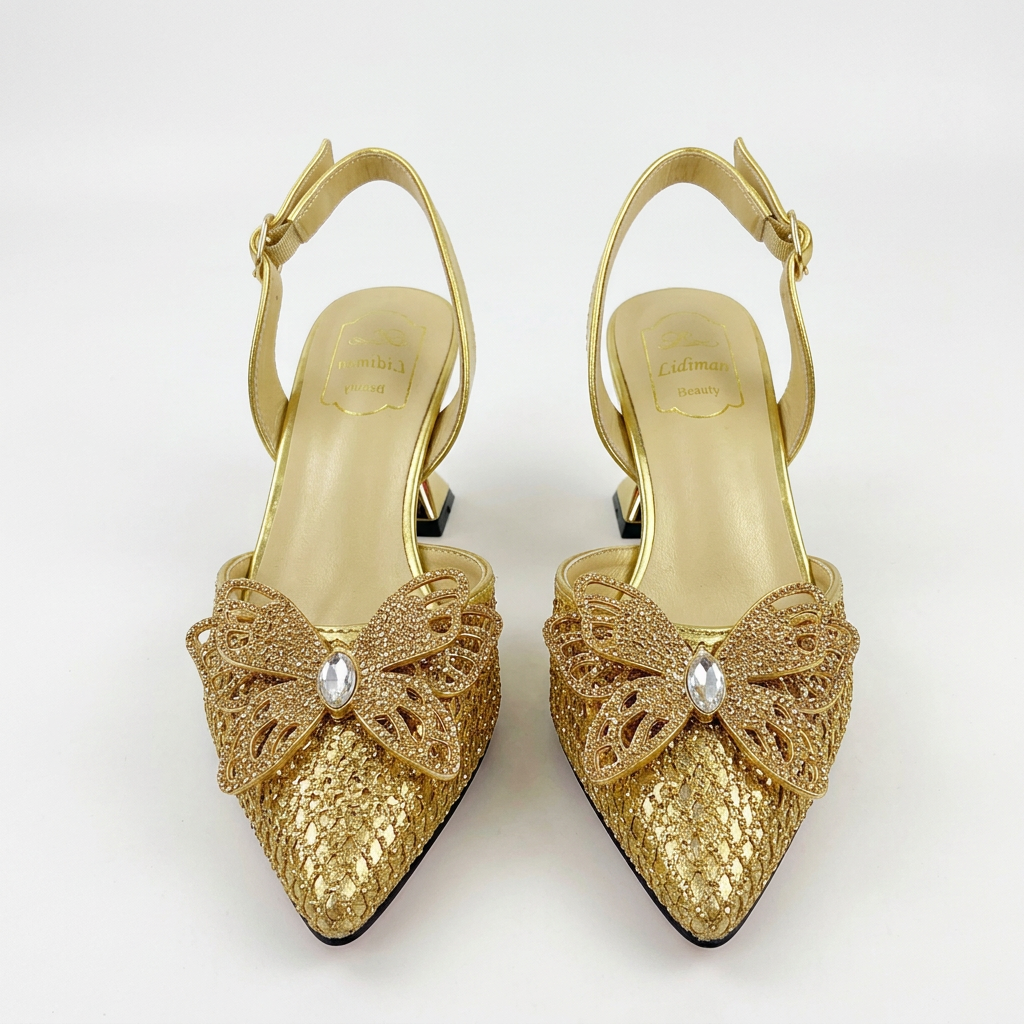 Gold butterfly-detail pointed-toe slingback low-heel pair