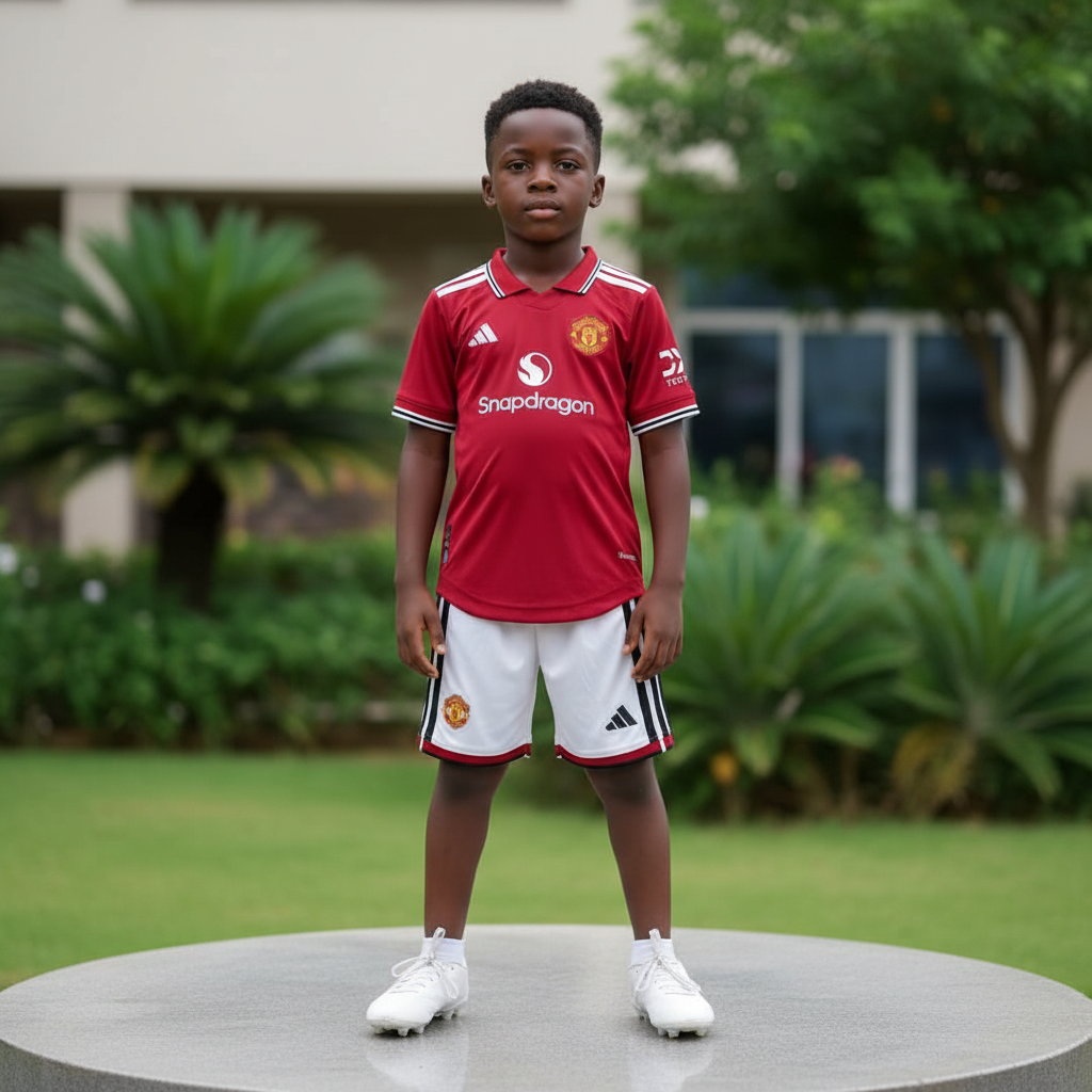 Nigerian child model wearing red & white striped football jersey set with white football boots