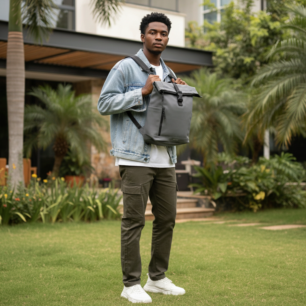 Slate grey roll-top backpack lifestyle model shot Nigerian male