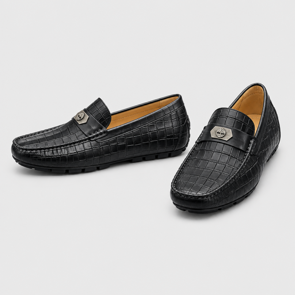 Black textured loafers, pair views