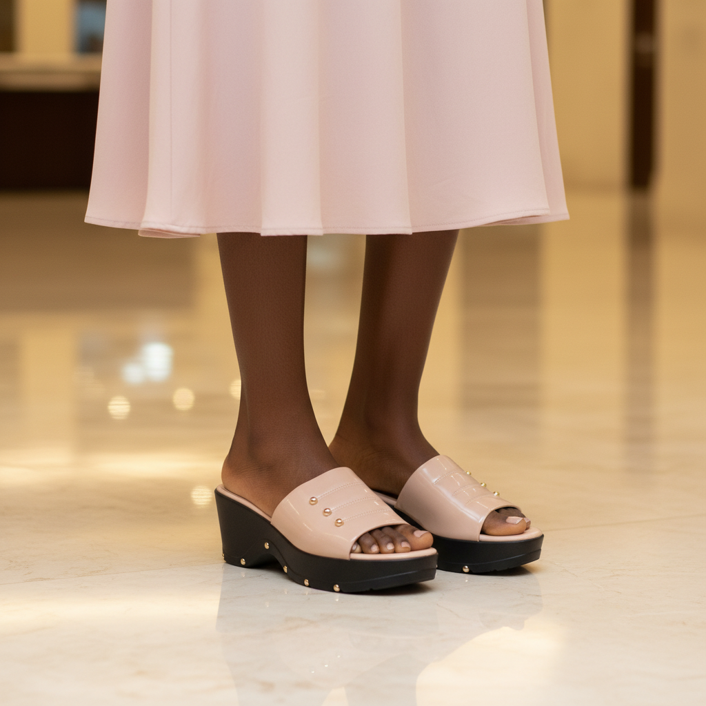 Nigerian female model wearing blush pink gold stud wedge slide sandals, tight zoomed-in feminine luxury leg focus lifestyle shot