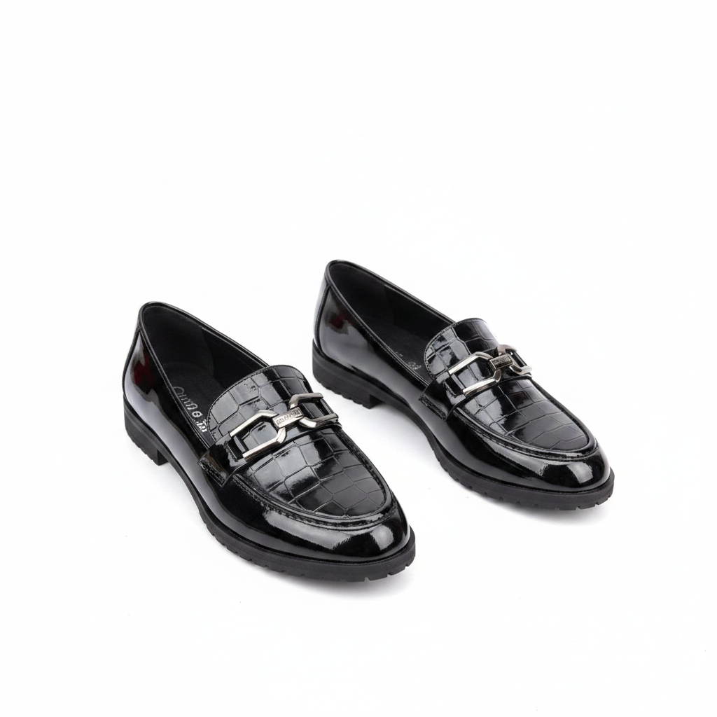 Layinka Store Black Croc Patent Bar-Buckle Loafers – Catalog Shot