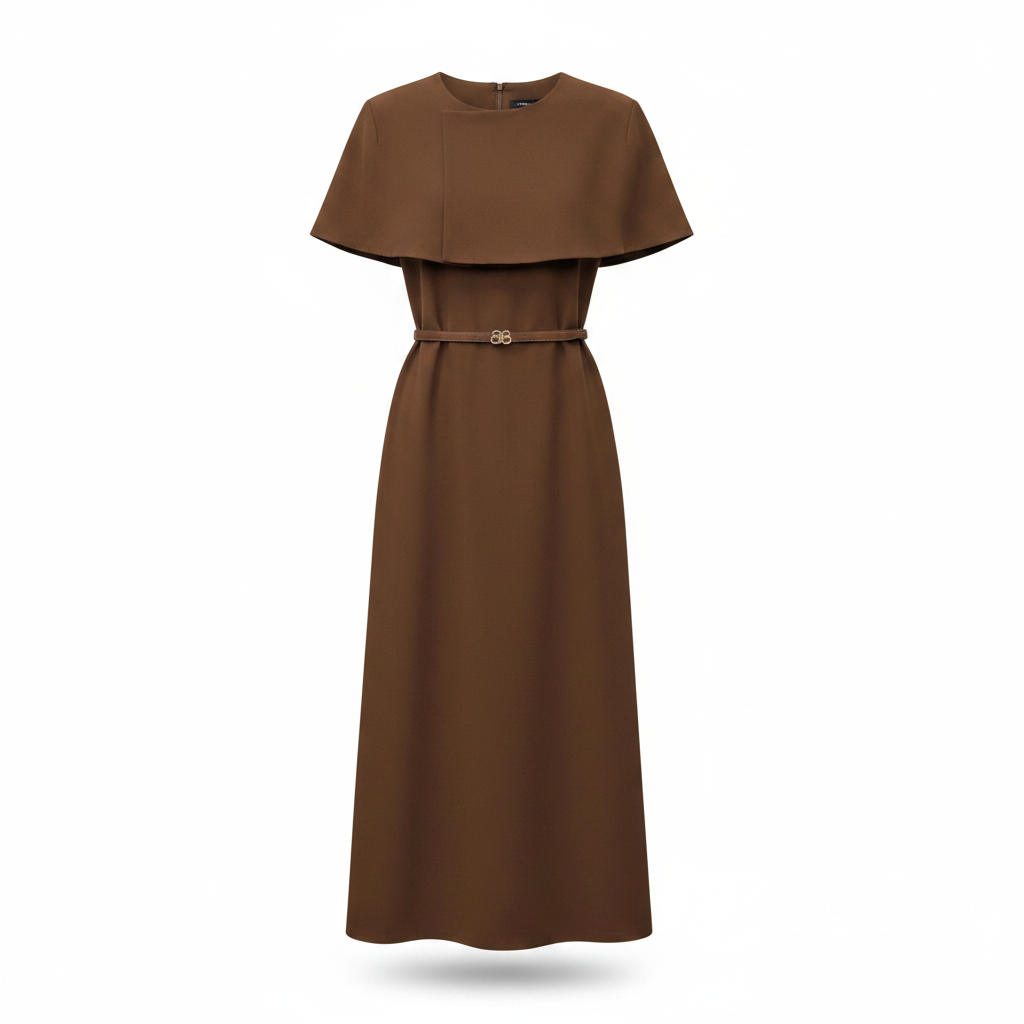 Women's cape-overlay belted midi dress in brown – ghost mannequin front view