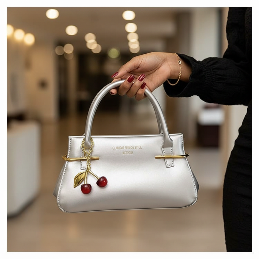 Black Nigerian woman holding silver metallic leather mini handbag with red cherry charm