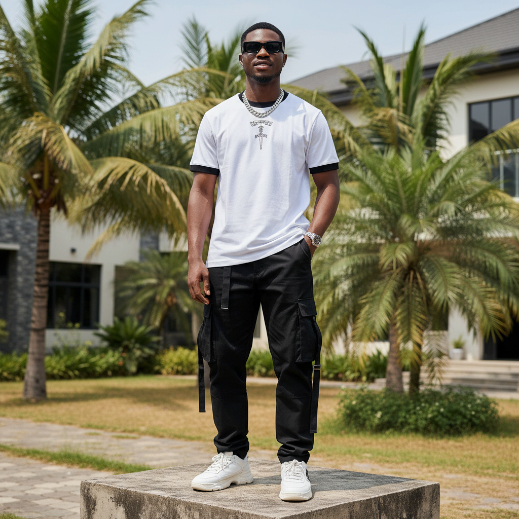 Nigerian male model wearing men's white black contrast ringer dagger embroidered T-shirt streetwear style