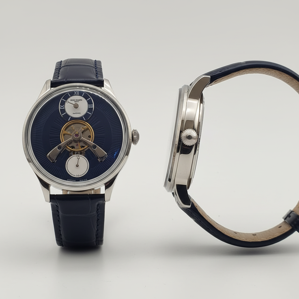 Men's Navy Blue Dial Silver Tourbillon Automatic Watch – Front and Side Ghost Mannequin View